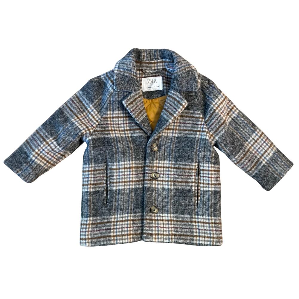 Zara Winter Coat Wool-Blend Plaid Lined Pockets Winter Gray Toddler 18-24 Months